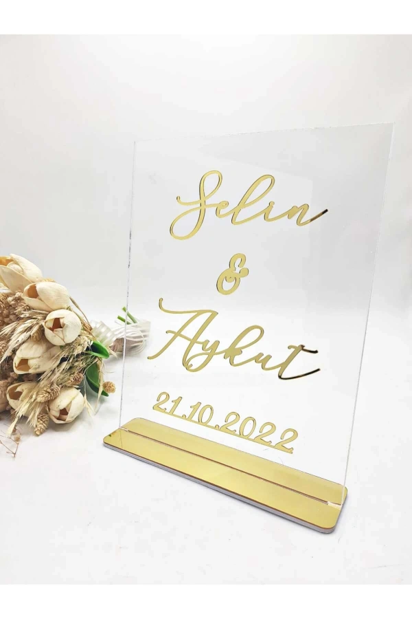 25x20 Cm Masa Üstü Pleksi Isimlik Söz Nişan Kına Gold
