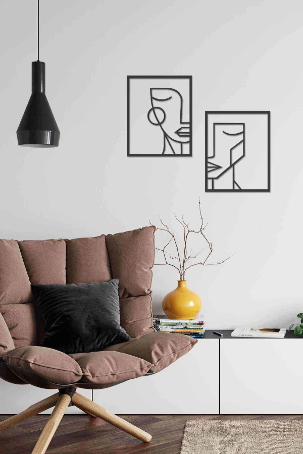 2 Li Kadın Yüzleri Duvar Dekoru Tablo Siyah Ahşap Mdf