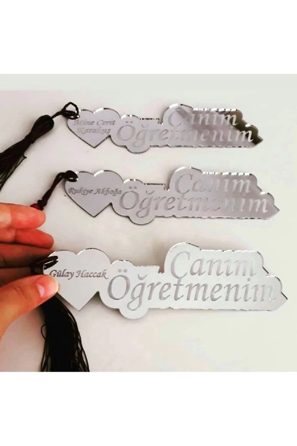 Öğretmenlere Özel Ahşap Üzeri Aynalı Pleksi Kitap Ayracı Gold Gümüş 20 Cm