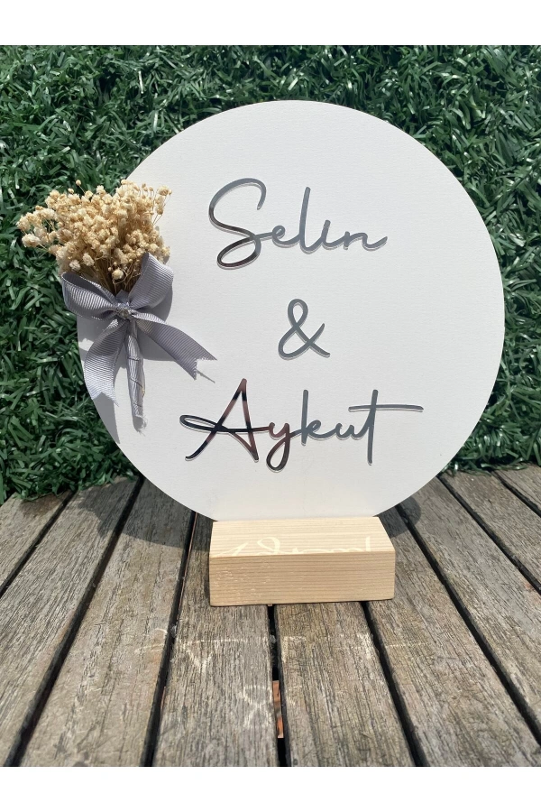 Ahşap, Çiçekli, Süslü, Gümüş Pleksi Söz Nişan Masa Üstü İsimlik Gümüş Renk