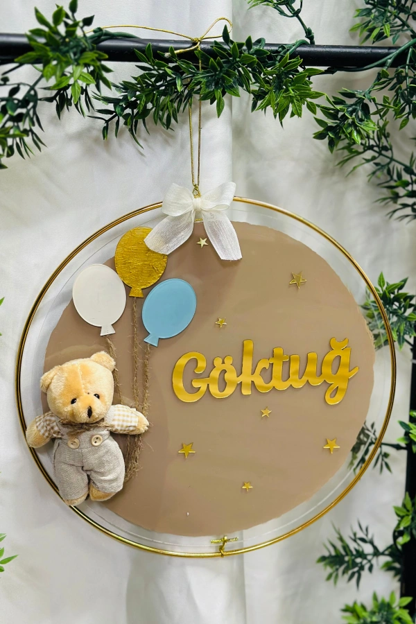 Şeffaf Boyalı Pleksi Ayıcıklı Bebek Kapı Süsü İsimlik Makrome 30x30 cm