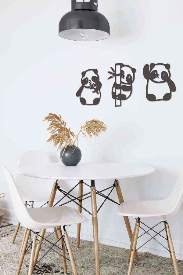 Panda 3lü Duvar Dekoru Siyah Ahşap Lazer Tablo Mdf