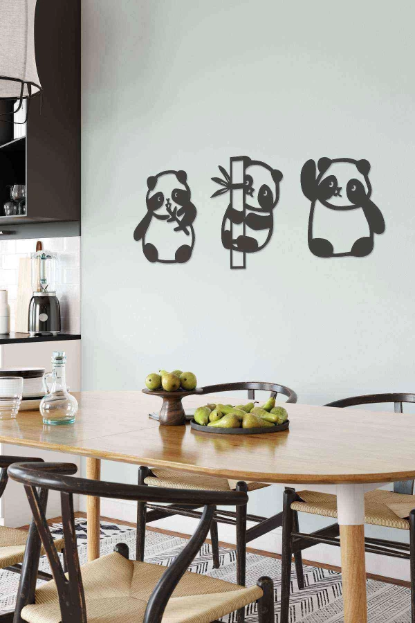 Panda 3lü Duvar Dekoru Siyah Ahşap Lazer Tablo Mdf