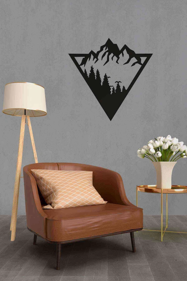 Geometric Dağ Figürlü Duvar Dekoru Siyah Ahşap Lazer Mdf