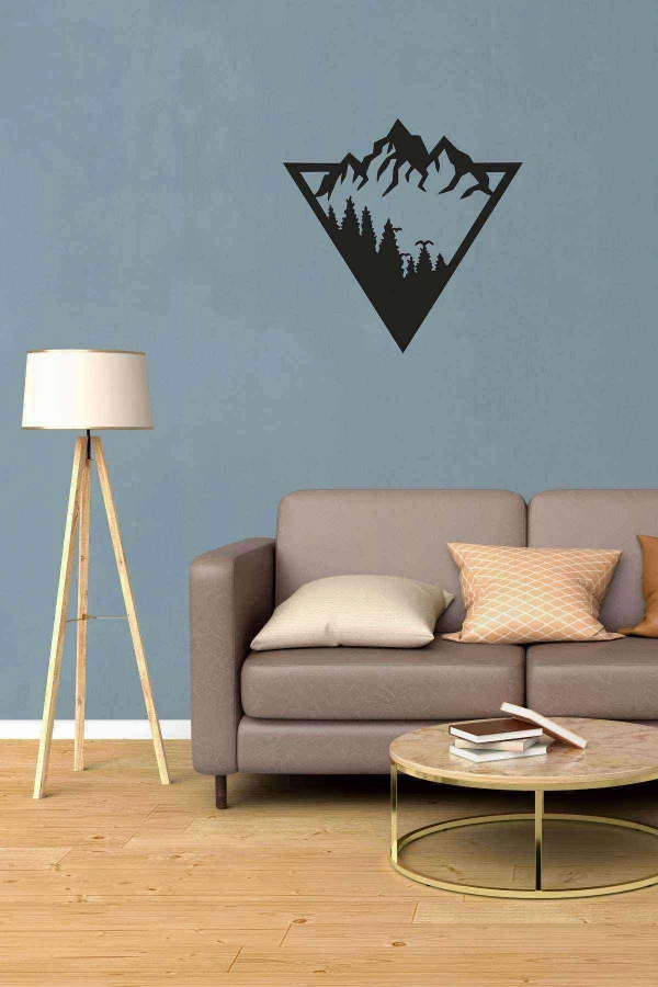 Geometric Dağ Figürlü Duvar Dekoru Siyah Ahşap Lazer Mdf