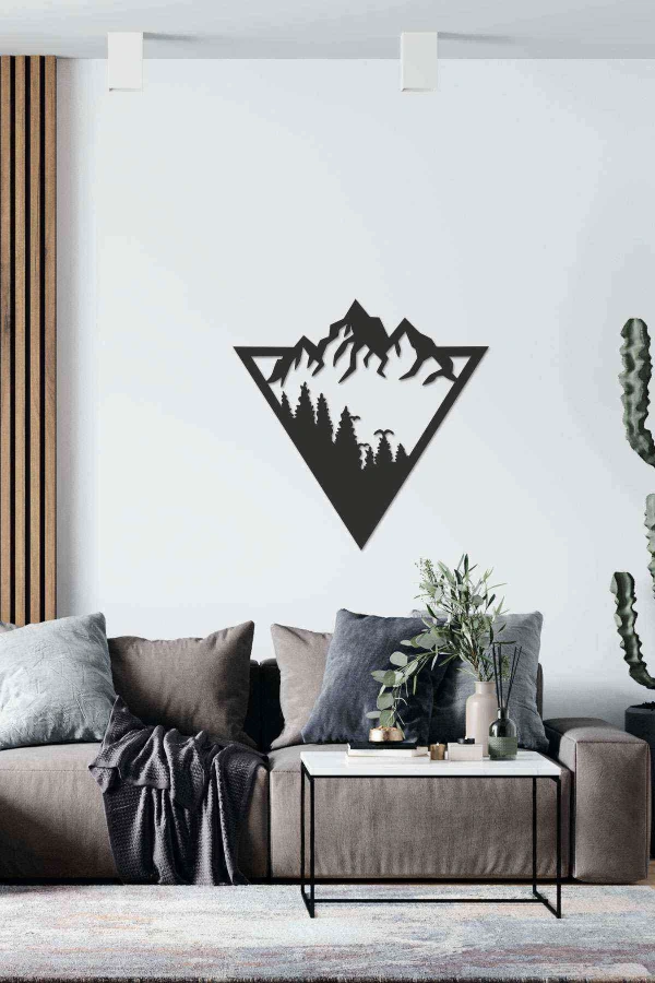 Geometric Dağ Figürlü Duvar Dekoru Siyah Ahşap Lazer Mdf