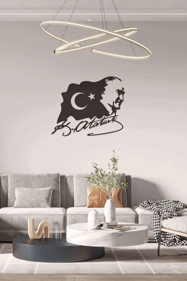 Lazer Kesim Dekoratif Tablo Ahşap Duvar Süsü Atatürk Silüet Bayrak ve İmzası
