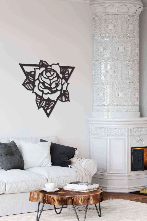 Gül Prizma Siyah Ahşap Lazer Duvar Dekoru Tablo Mdf