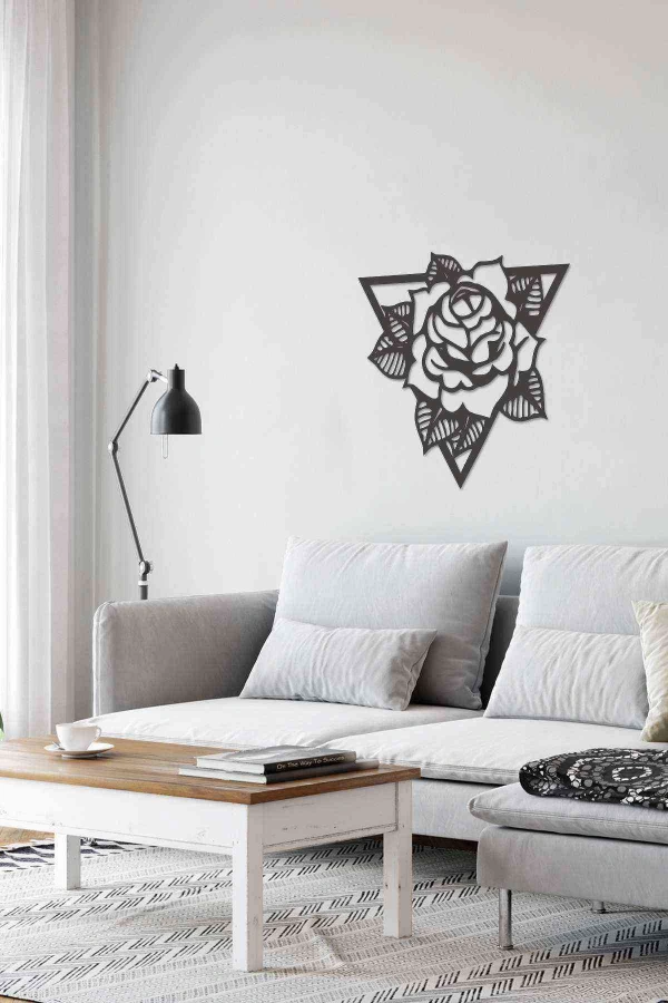 Gül Prizma Siyah Ahşap Lazer Duvar Dekoru Tablo Mdf