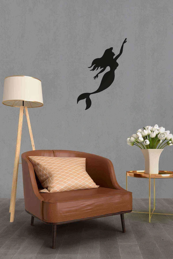 Deniz Kızı Figürlü Duvar Dekoru Siyah Ahşap Lazer Mdf