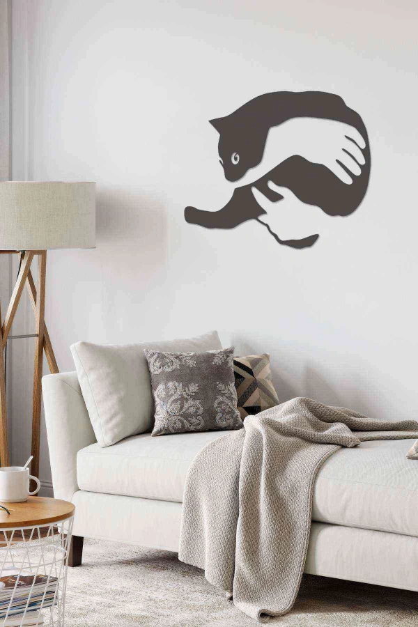 Kedi Sarılma Lazer Kesim Dekoratif Tablo Ahşap Duvar Süsü