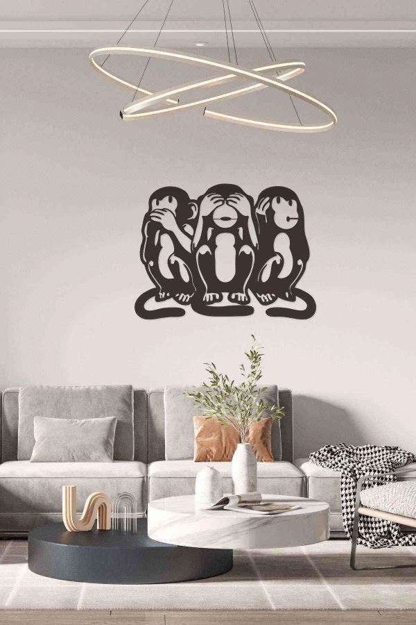 Üç Maymun Görmedim Duymadım Bilmiyorum Dekoratif Duvar Tablosu Siyah Ahşap Lazer Mdf