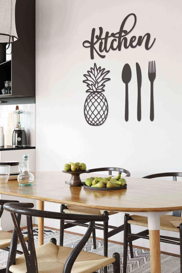 Kitchen Ananas Duvar Tablosu Siyah Ahşap Lazer Mdf