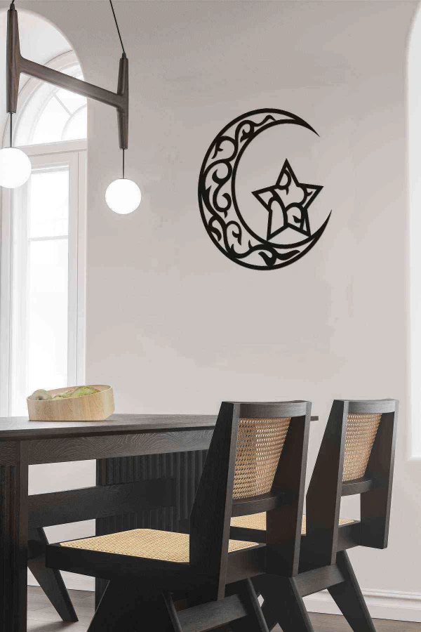 Ay Yıldız Dekoratif Duvar Dekoru Siyah Ahşap Lazer Mdf