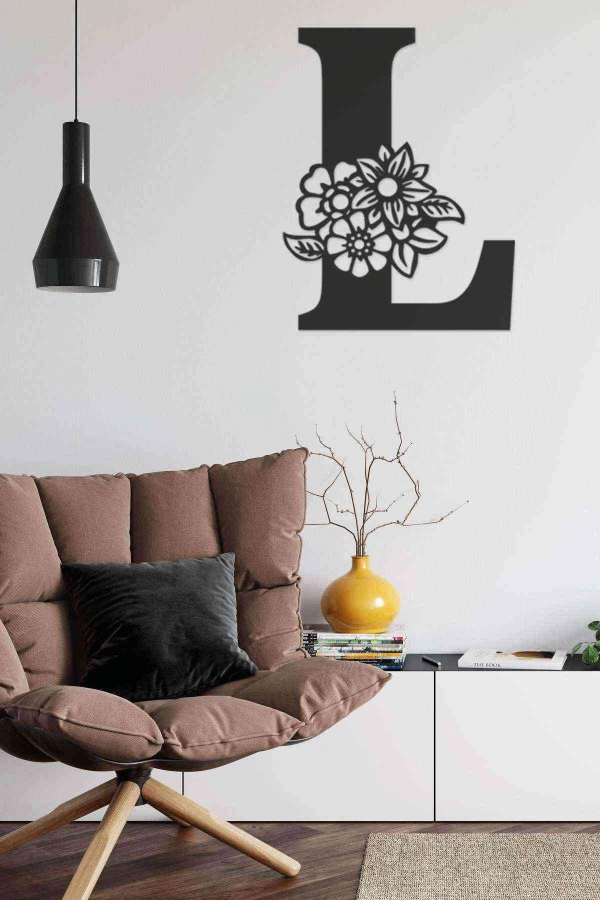 L Harfi Tag Duvar Tablosu Siyah Ahşap Lazer Mdf