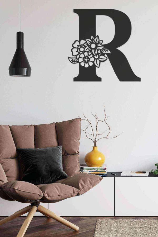 R Harfi Tag Duvar Tablosu Siyah Ahşap Lazer Mdf