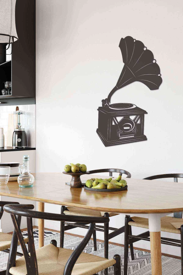 Gramafon Dekoratif Duvar Dekoru Siyah Ahşap Lazer Mdf