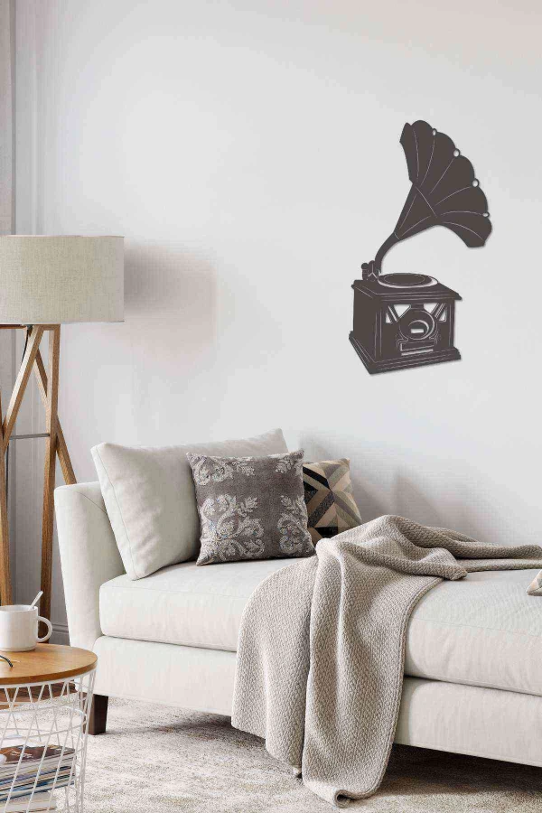 Gramafon Dekoratif Duvar Dekoru Siyah Ahşap Lazer Mdf