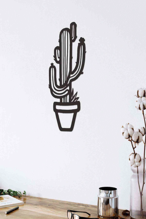 Kaktüs Duvar Tablosu Siyah Ahşap Lazer Mdf