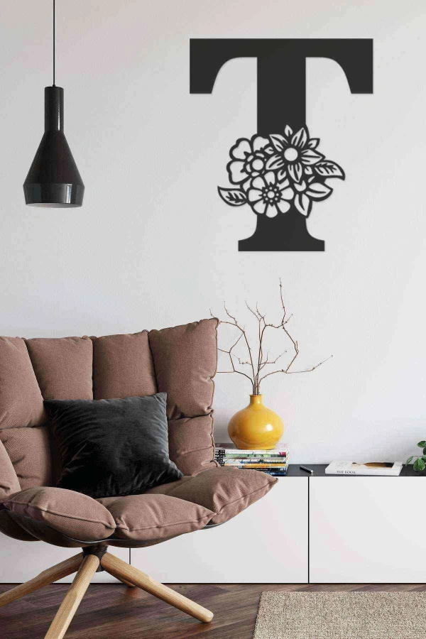 T Harfi Tag Duvar Tablosu Siyah Ahşap Lazer Mdf