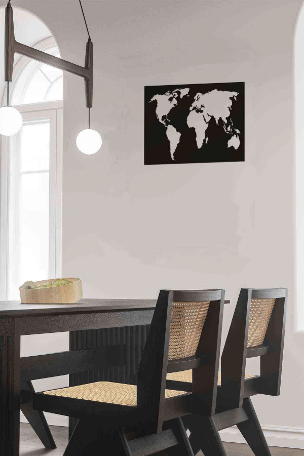 Dünya Haritası Dekoratif Duvar Tablosu Siyah Ahşap Lazer Mdf
