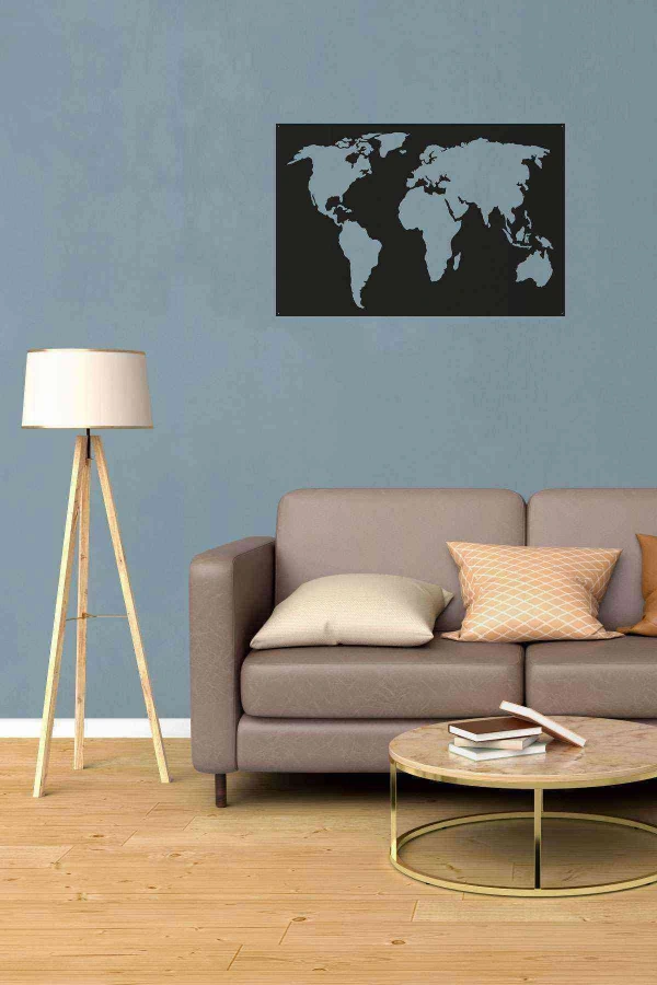 Dünya Haritası Dekoratif Duvar Tablosu Siyah Ahşap Lazer Mdf