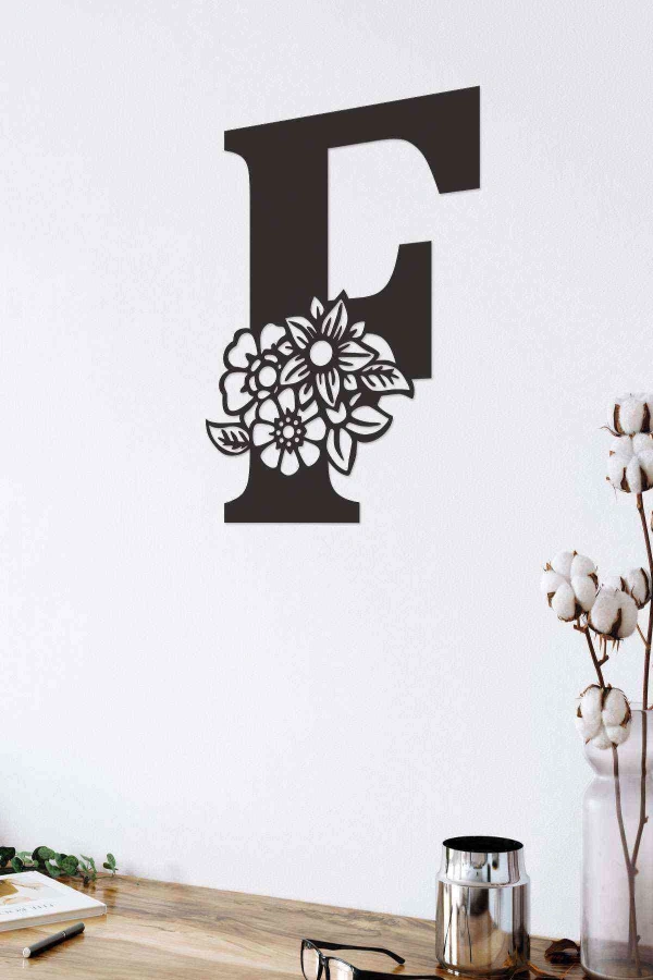 F Harfi Tag Duvar Tablosu Siyah Ahşap Lazer Mdf