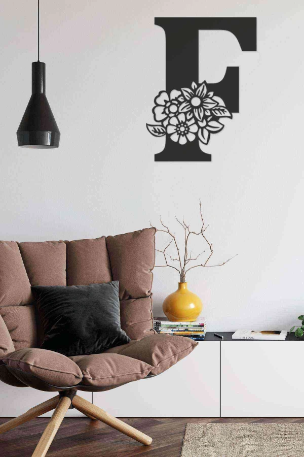 F Harfi Tag Duvar Tablosu Siyah Ahşap Lazer Mdf