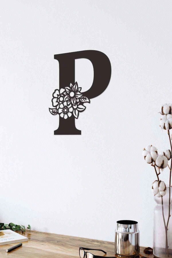 P Harfi Tag Duvar Tablosu Siyah Ahşap Lazer Mdf