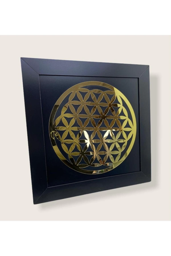 Yaşam Çiçeği Çerçeveli Aynalı Duvar Tablosu Siyah Ahşap Lazer Mdf