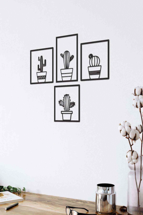 Kaktüs Seti 4 Lü Duvar Dekoru Tablosu Siyah Ahşap Lazer Mdf