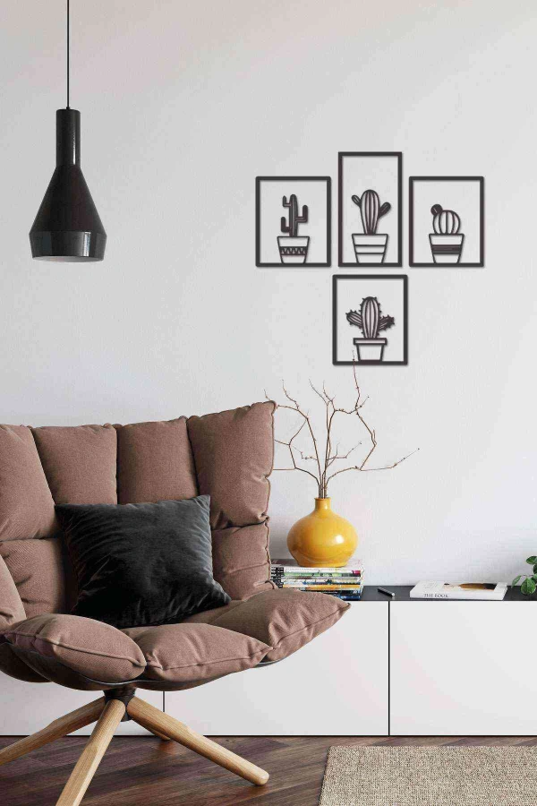 Kaktüs Seti 4 Lü Duvar Dekoru Tablosu Siyah Ahşap Lazer Mdf