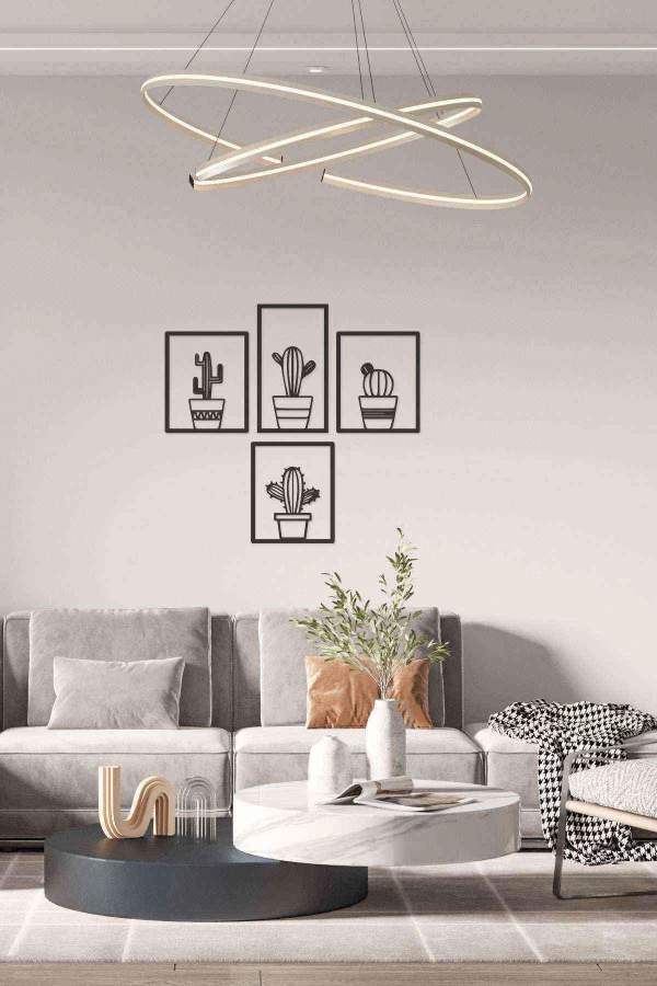 Kaktüs Seti 4 Lü Duvar Dekoru Tablosu Siyah Ahşap Lazer Mdf