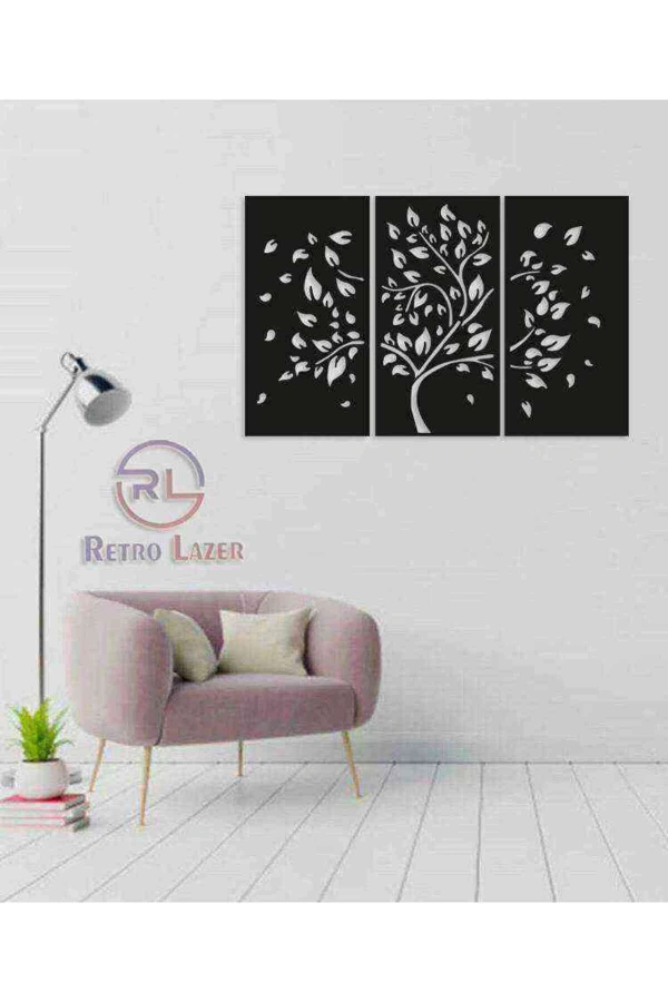 3 Lü Ağaç Tablosu Duvar Dekoru Tablosu Siyah Ahşap Lazer Mdf