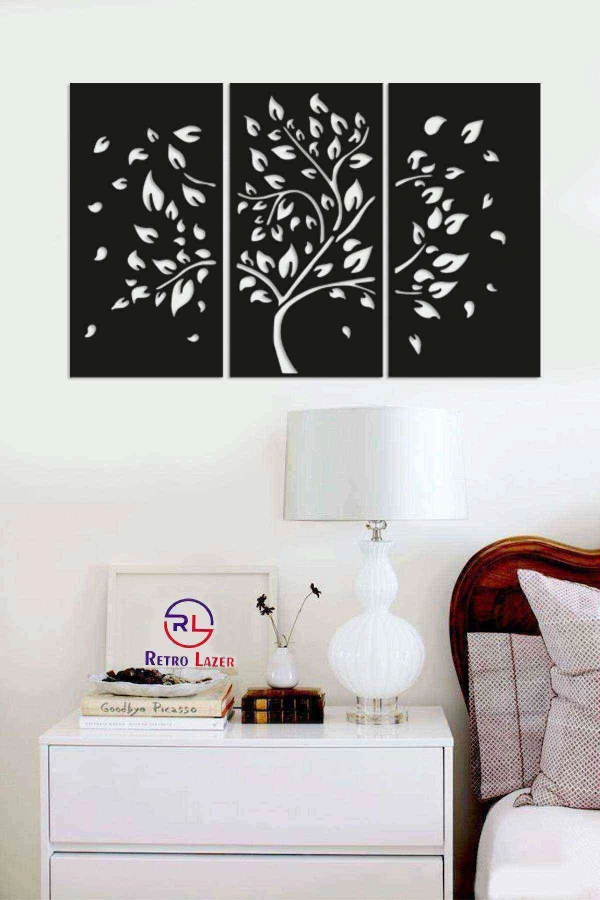 3 Lü Ağaç Tablosu Duvar Dekoru Tablosu Siyah Ahşap Lazer Mdf