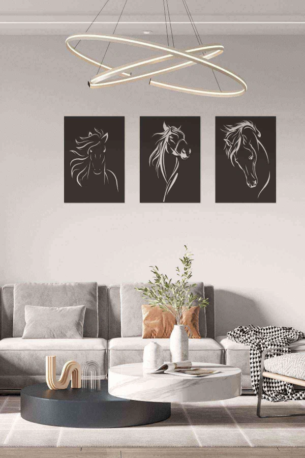 At 3 Lü Duvar Dekoru Tablosu Siyah Ahşap Lazer Mdf