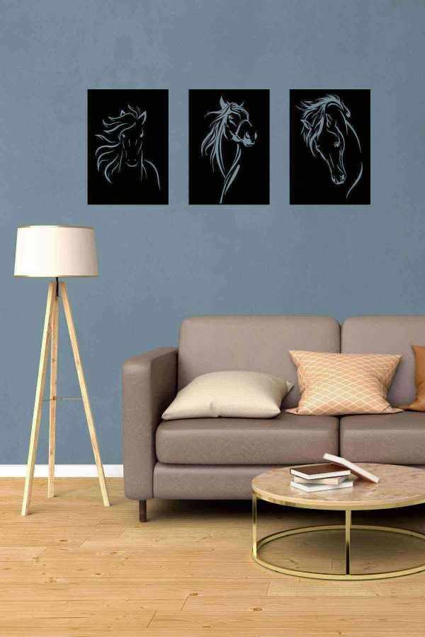 At 3 Lü Duvar Dekoru Tablosu Siyah Ahşap Lazer Mdf