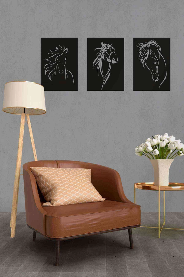 At 3 Lü Duvar Dekoru Tablosu Siyah Ahşap Lazer Mdf