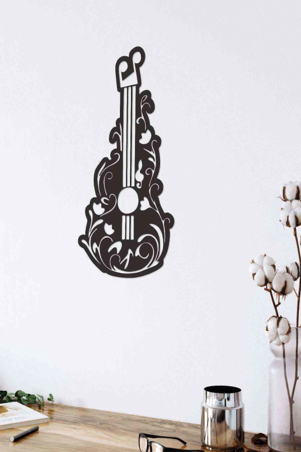 Gitar Melodi Duvar Dekoru Tablosu Siyah Ahşap Lazer Mdf