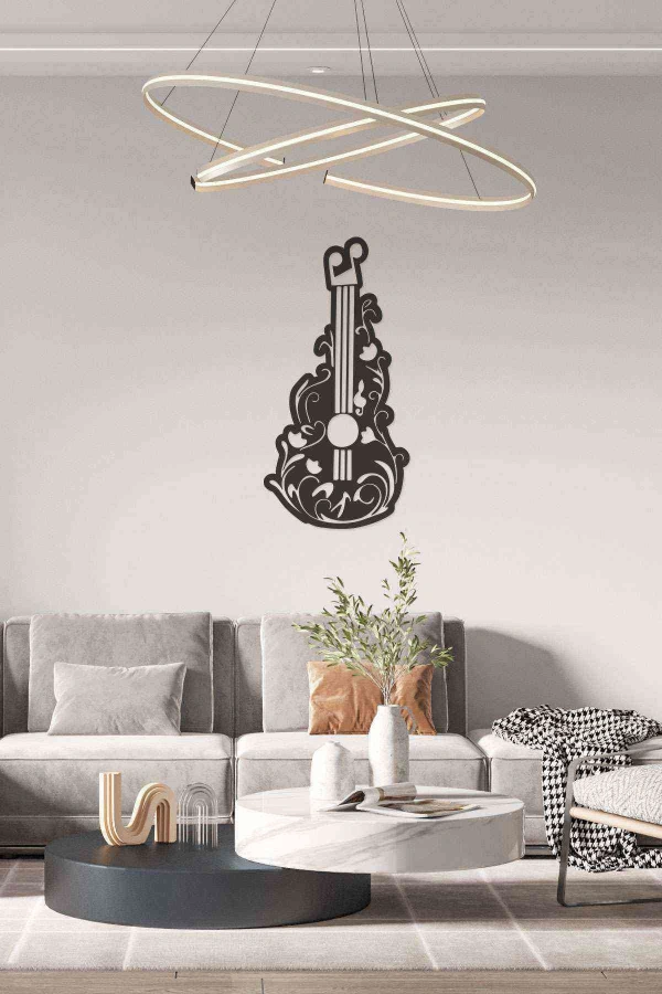 Gitar Melodi Duvar Dekoru Tablosu Siyah Ahşap Lazer Mdf