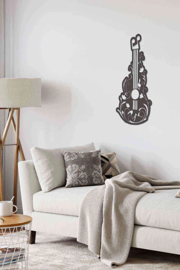 Gitar Melodi Duvar Dekoru Tablosu Siyah Ahşap Lazer Mdf