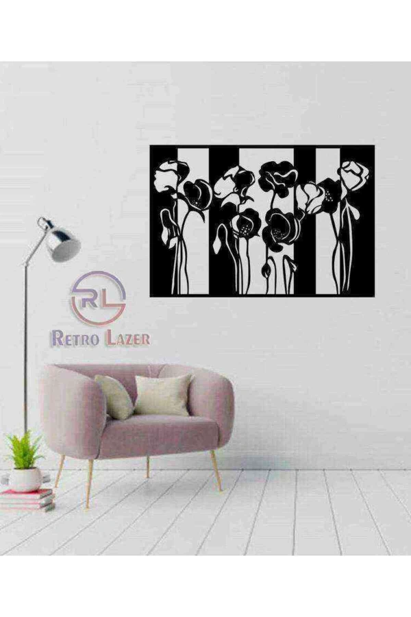 Laleler Duvar Dekoru Tablo Siyah Ahşap Mdf