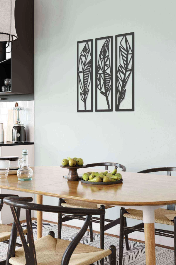 Yapraklar 3 lü Duvar Dekoru Tablo Siyah Ahşap Mdf
