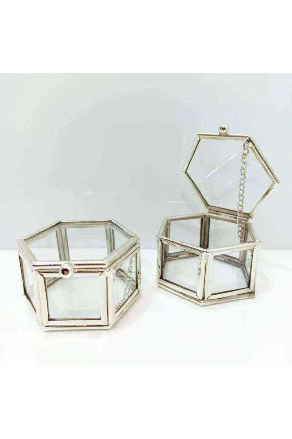 Metal Altıgen Cam Kutu Yüzük Kutusu 7x7x5 Gümüş 1 Adet