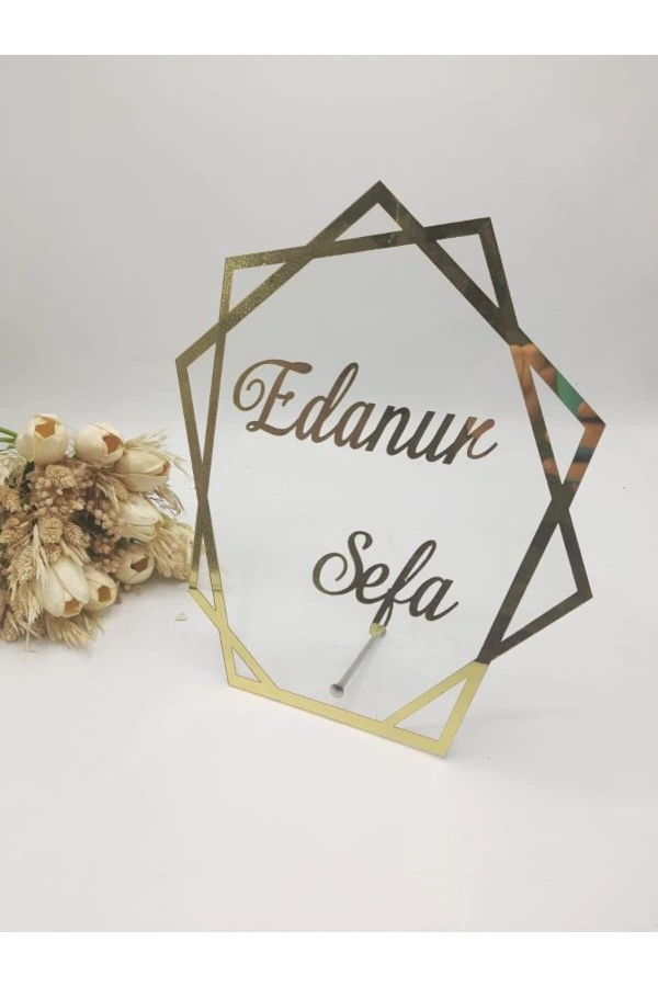 30x25 Cm Çokgen Masaüstü Pleksi Isimlik Söz Nişan Kına Gold