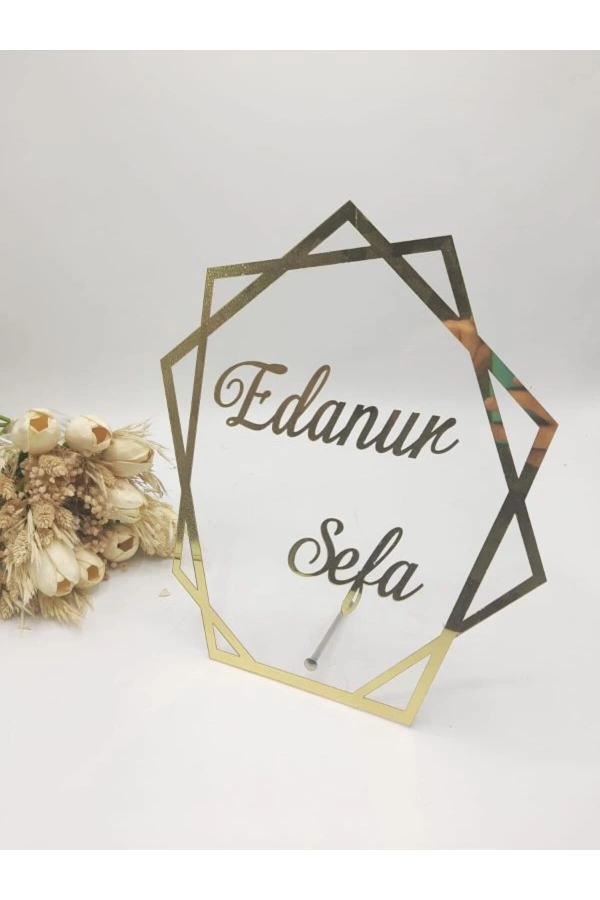 30x25 Cm Çokgen Masaüstü Pleksi Isimlik Söz Nişan Kına Gold