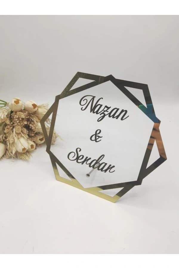 28x25 Cm Altıgen Masaüstü Pleksi Isimlik Söz Nişan Kına Gold