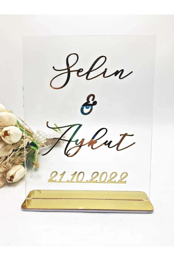 25x20 Cm Masa Üstü Pleksi Isimlik Söz Nişan Kına Gold