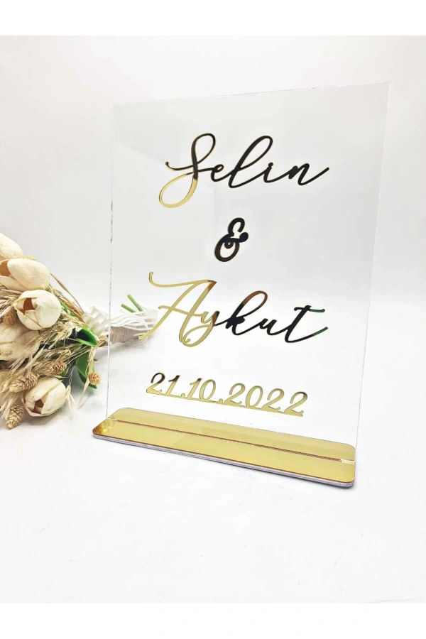 25x20 Cm Masa Üstü Pleksi Isimlik Söz Nişan Kına Gold