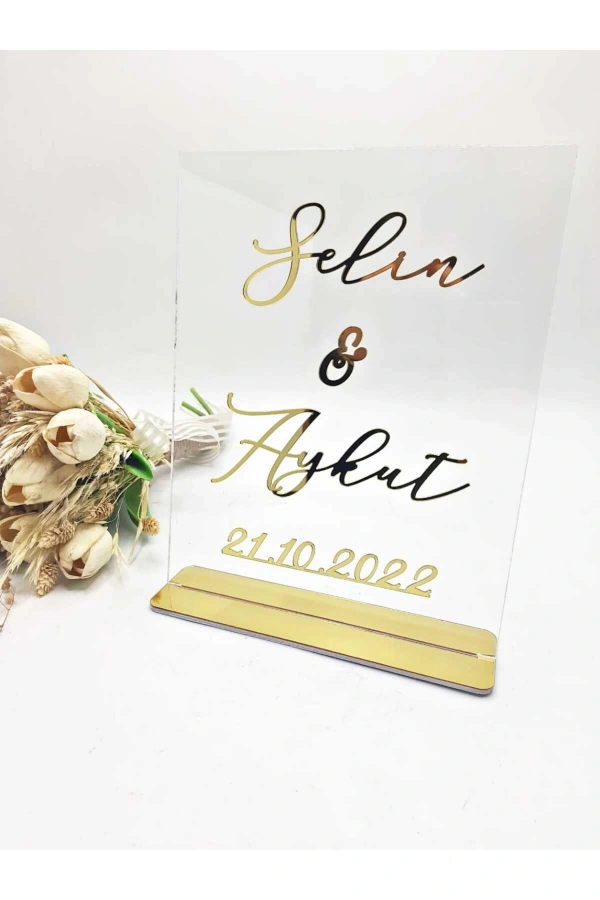 25x20 Cm Masa Üstü Pleksi Isimlik Söz Nişan Kına Gold